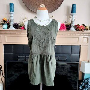 Indigo GNW Boho Sleeveless Top L Embroidered Gathered Olive Green Woven & Knit